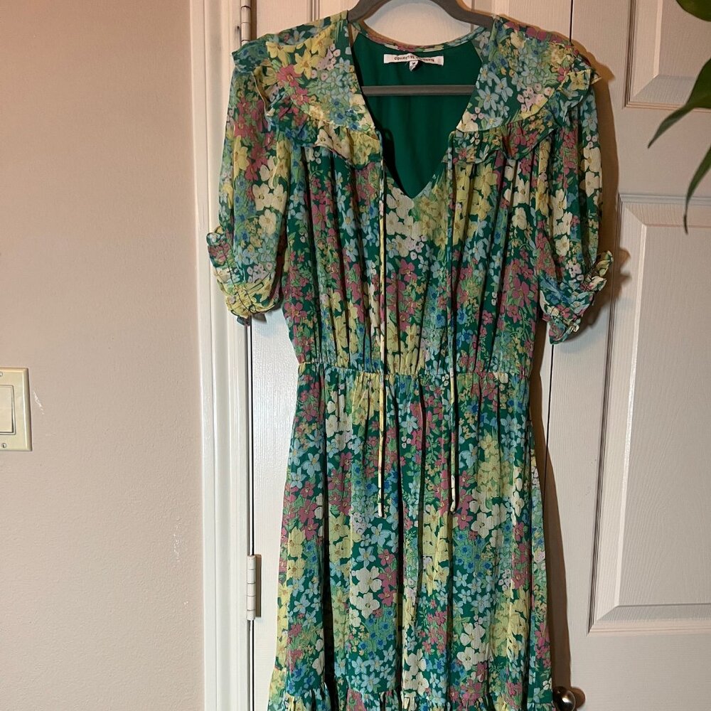 Women's Collective Concepts Green Floral Dress Ruffle Collar Tie Neck - Medium